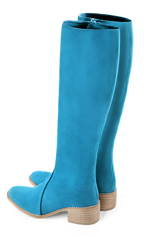 Turquoise blue women's riding knee-high boots. Round toe. Low leather soles. Made to measure. Rear view - Florence KOOIJMAN